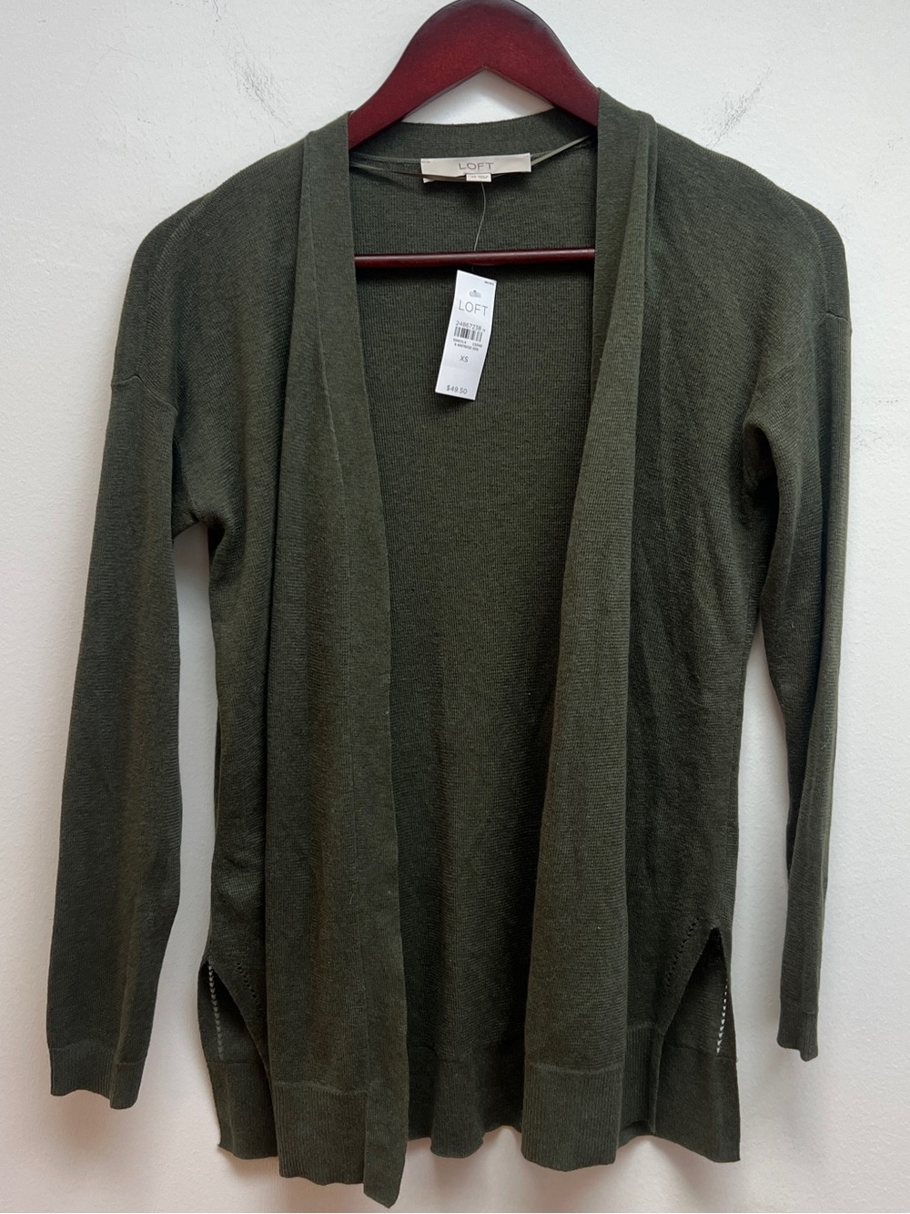 LOFT Women’s Olive Green Linen Blend Long Open Front Cardigan Sweater Size XS